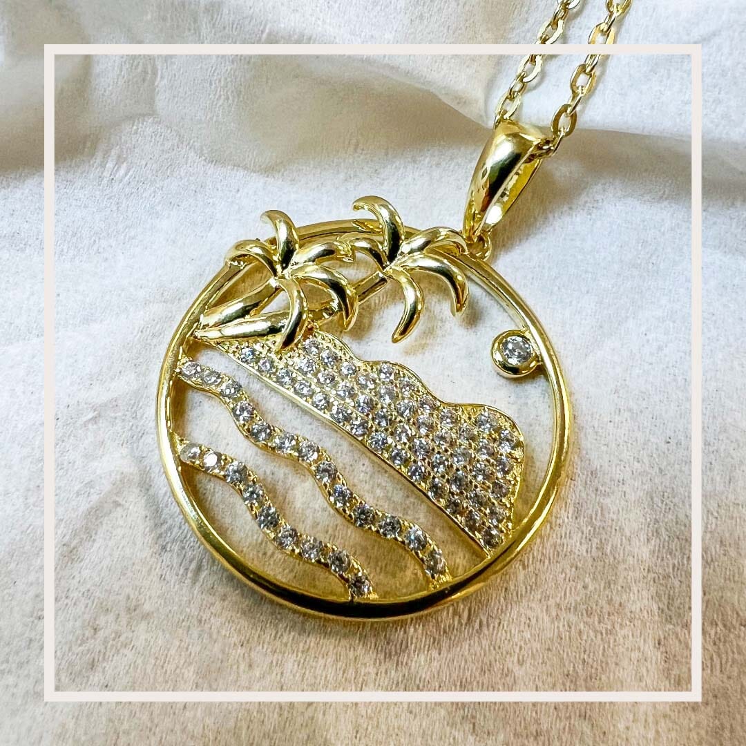 14K yellow gold diamond pavé Diamond Head Pendant features Hawaii's Diamond Head mountain with Palm Trees