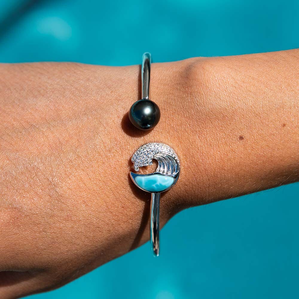 Bangle with Tahitian Black Pearl and Ocean Wave Blue Larimar Design