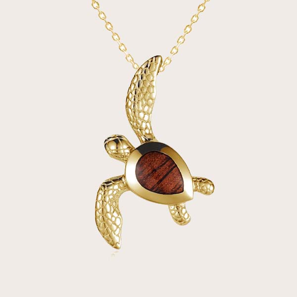 14K Yellow Gold Koa Wood Sea Turtle Pendant