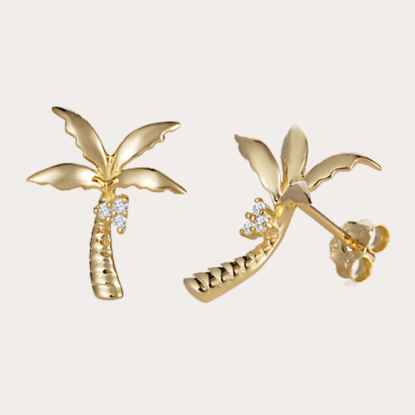 14k gold stud backing earrings featuring palm tree motif with diamonds