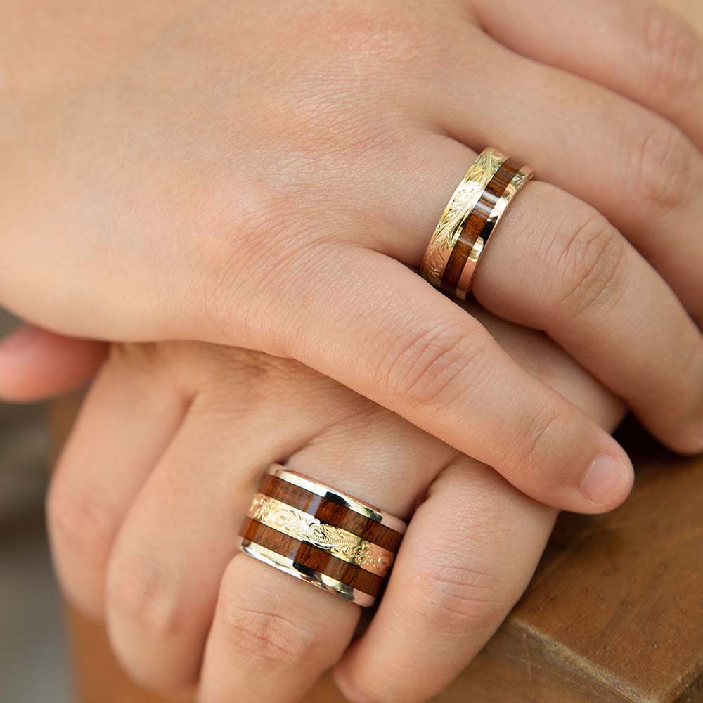 Matching Koa Wood Ring Set with Koa Nani Rings