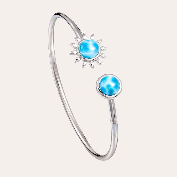 ocean blue larimar flexible bangle design featuring sun and classic circle