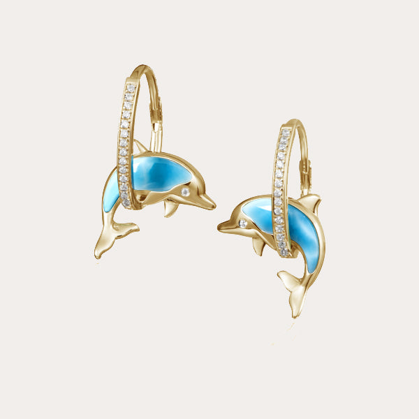 larimar sea life collection featuring gold dolphin earrings lined with diamonds