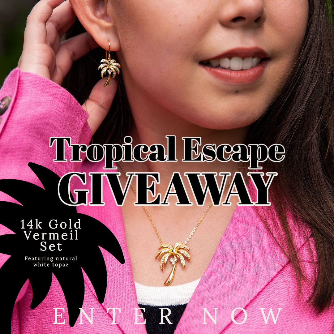 Tropical Escape Giveaway Enter Now to win 14K Gold Vermeil Queen Palm Tree Pendant & Earrings jewelry set featuring natural white topaz by Island by Koa Nani