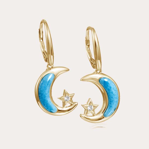 celestial 14k gold collection features ocean blue larimar moon and diamond star lever back earrings set in 14k solid yellow gold