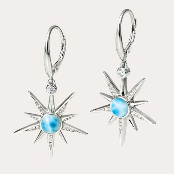 celestial earrings collection featuring star lever back earrings with ocean blue larimar gemstones and white topaz