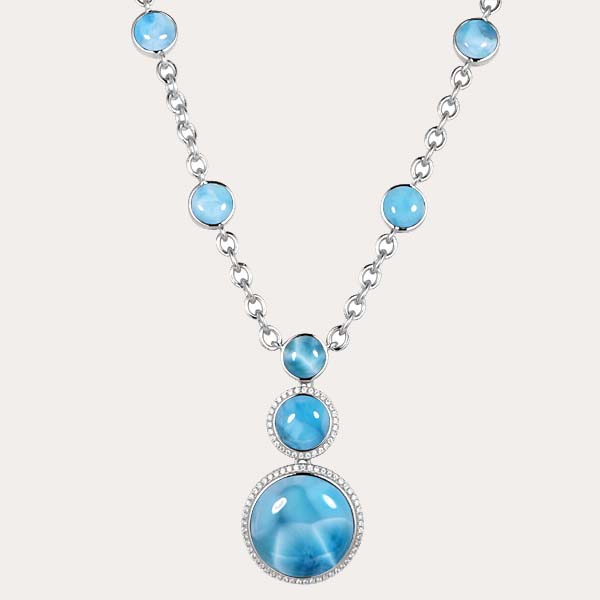 celestial larimar collection featuring the ocean blue larimar when planets align necklace with white topaz
