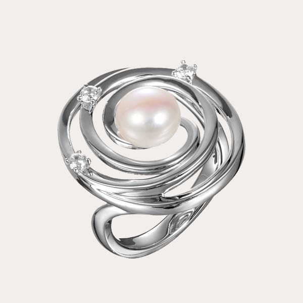 celestial ring collection featuring white Akoya pearl set on galaxy motif ring with white topaz