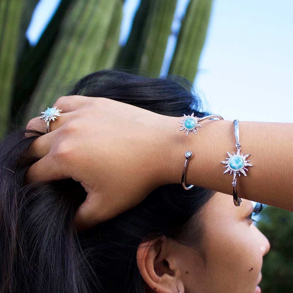 celestial collection shop the look featuring ocean blue larimar sun jewelry set of ring, bracelet and bangle
