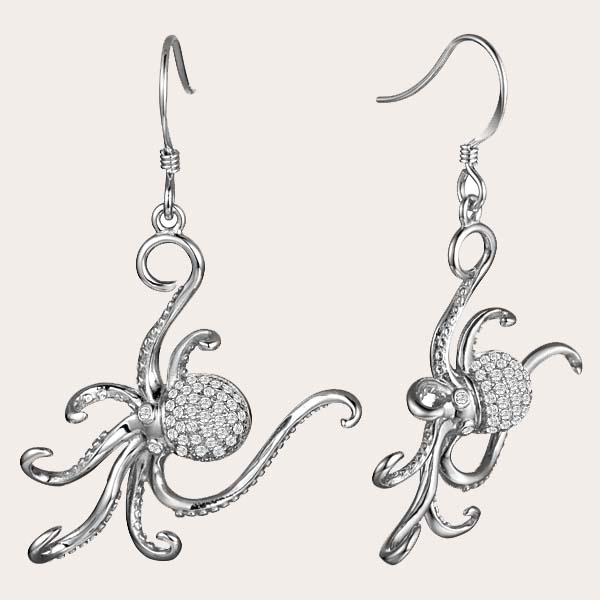 silver octopus hook earrings lined with diamonds