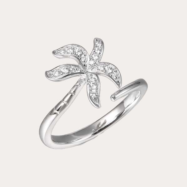 diamond island lifestyle collection featuring white gold palm tree ring with diamonds