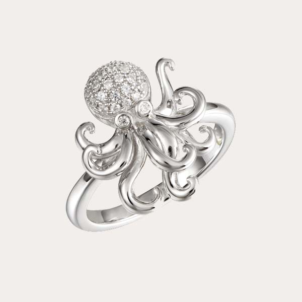 white gold octopus ring lined with diamonds