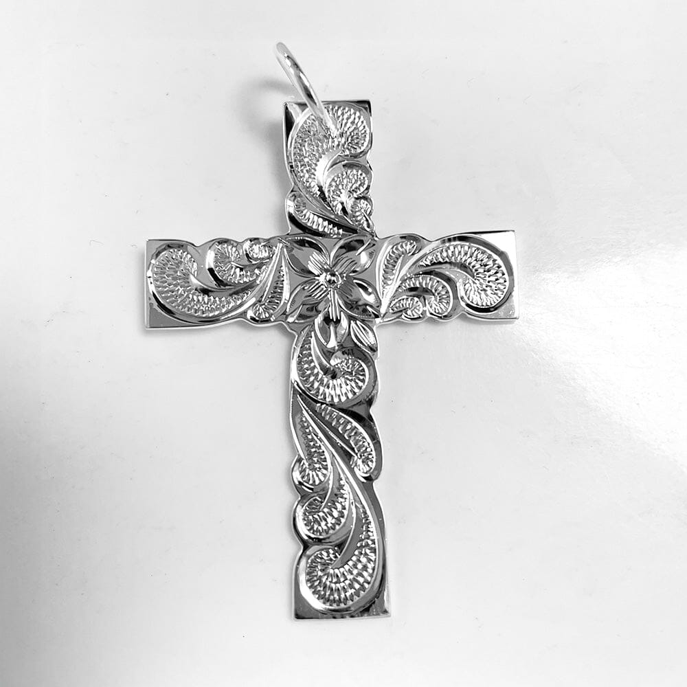 Engraved Plumeria Scroll Cross Pendant Island by Koa Nani 