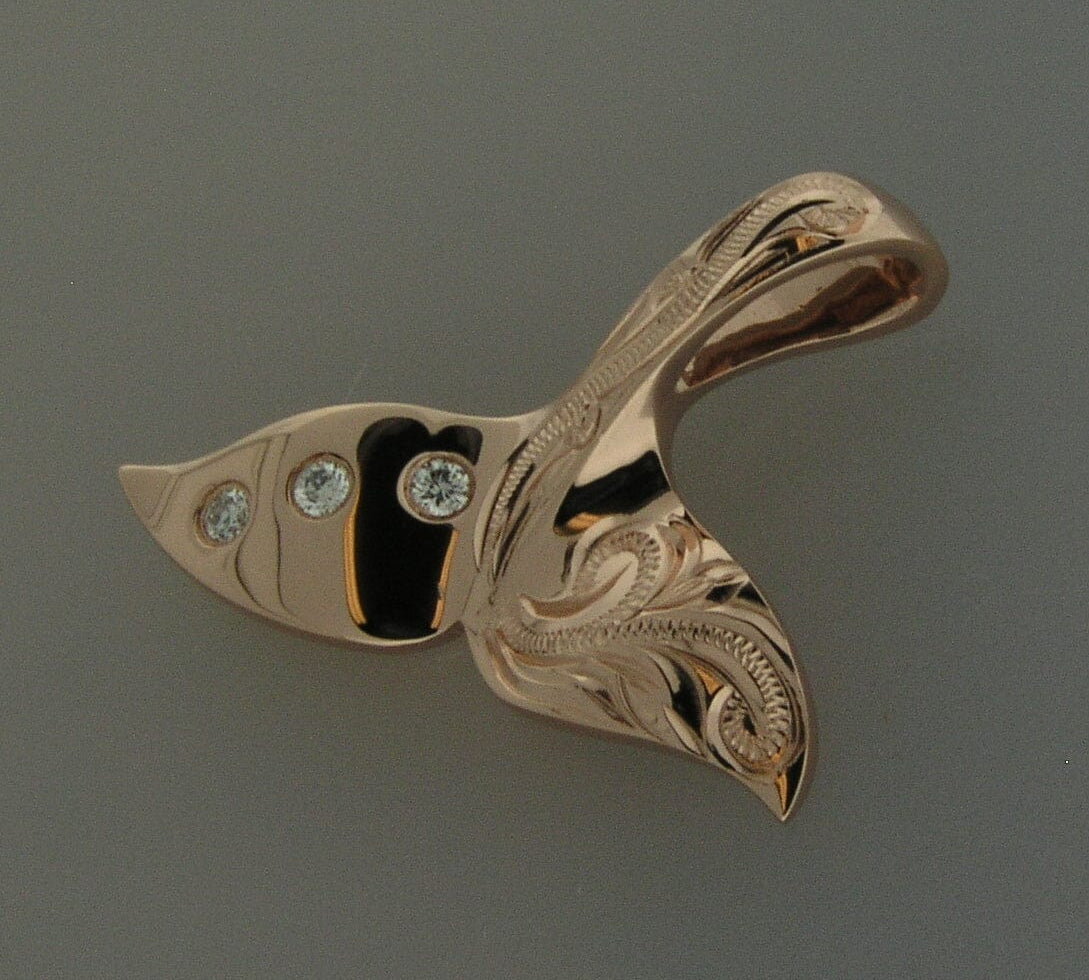 Engraved Whale Tail Pendant with Diamonds Pendant Island by Koa Nani 