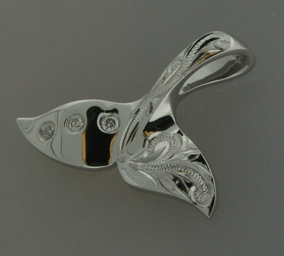 Engraved Whale Tail Pendant with Diamonds Pendant Island by Koa Nani 