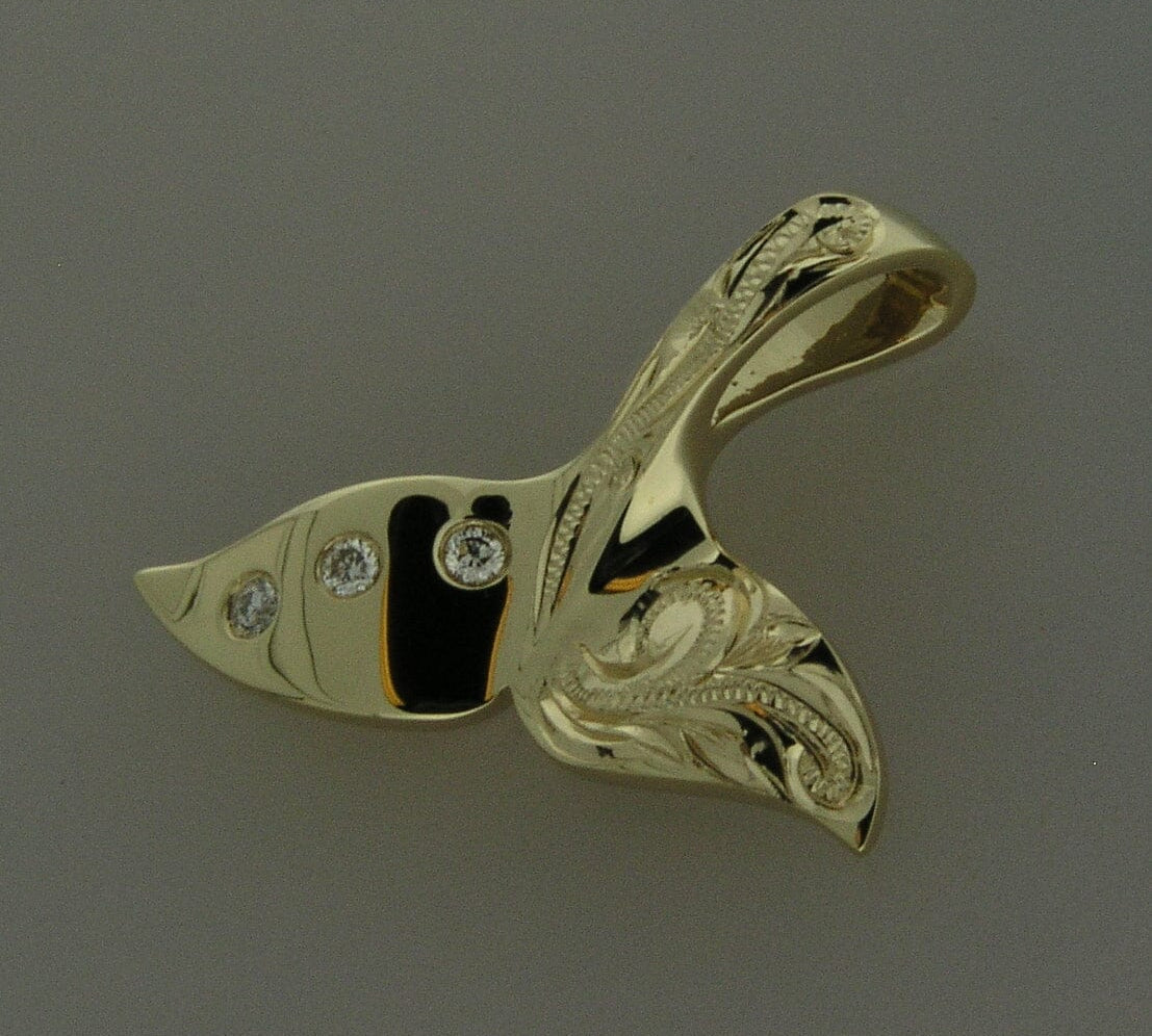 Engraved Whale Tail Pendant with Diamonds Pendant Island by Koa Nani 