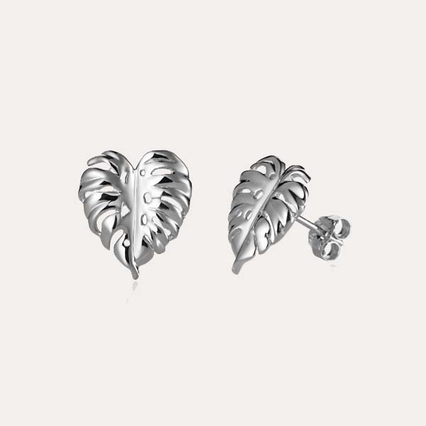 garden earrings collection featuring silver monstera stud earrings