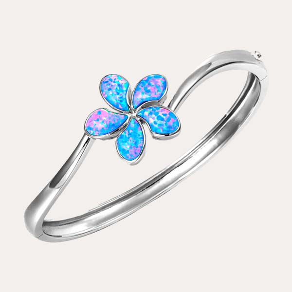 garden opal collection features a sustainable opal plumeria flower hinge bangle set in 925 sterling sillver