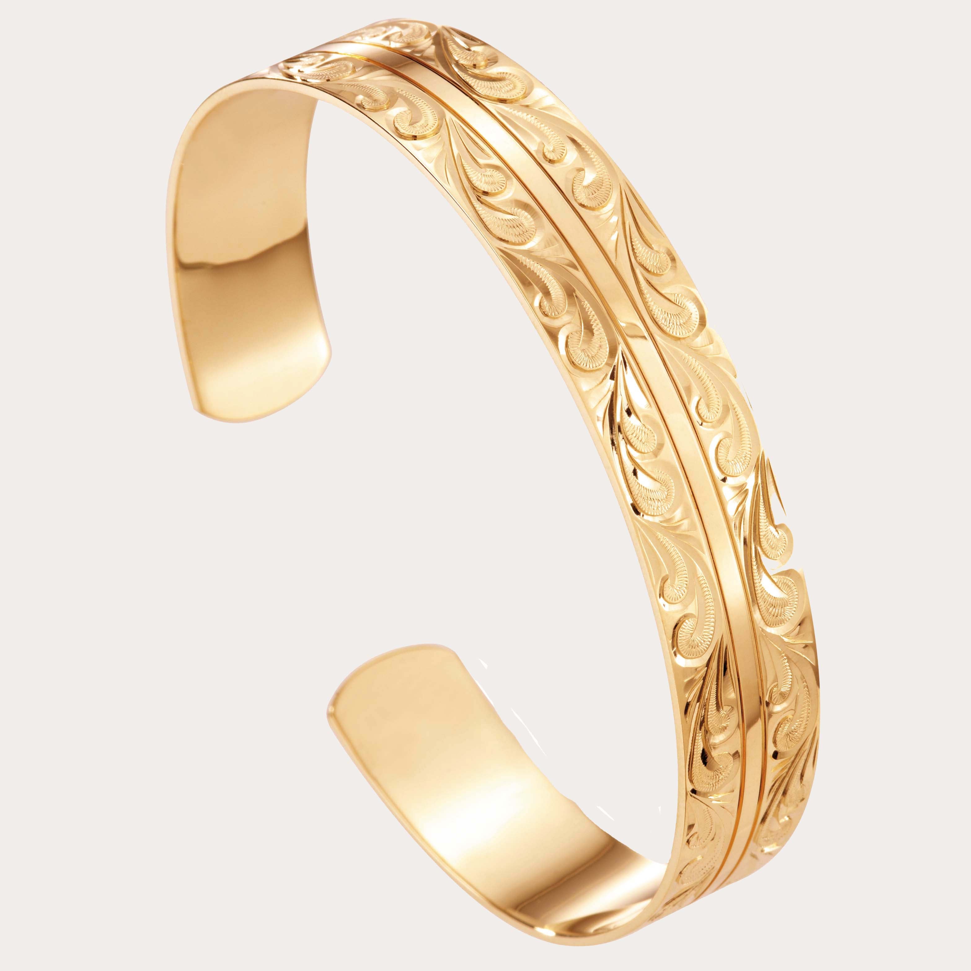 14k gold cuff bangle with hand engraved Hawaiian scroll designs