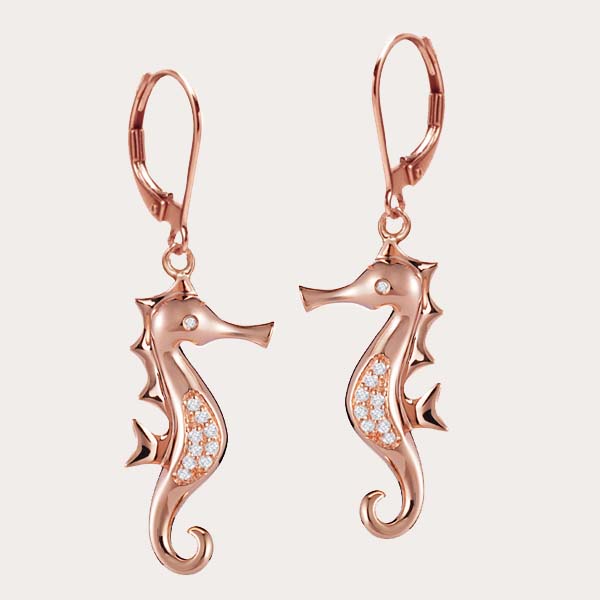 sea life collection featuring 14k rose gold seahorse lever back earrings with diamonds 