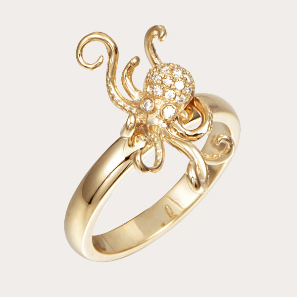 14k gold ring featuring octopus motif with diamonds