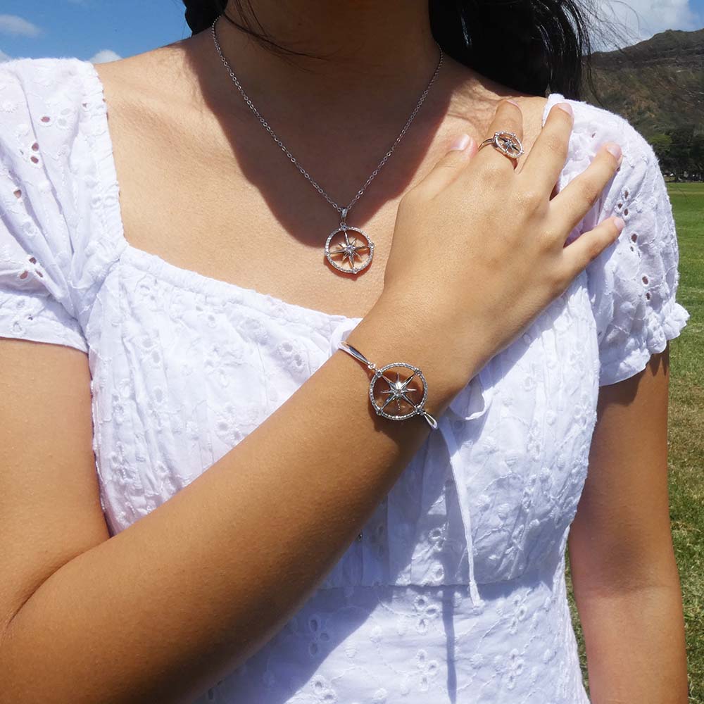 island lifestyle collection shop the look features the silver compass jewelry set of ring, pendant and bolo bracelet