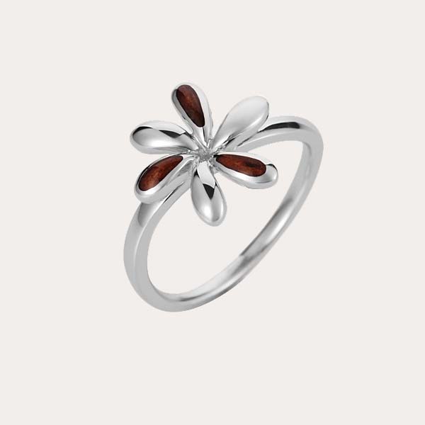 silver koa wood ring featuring gardenia flower motif
