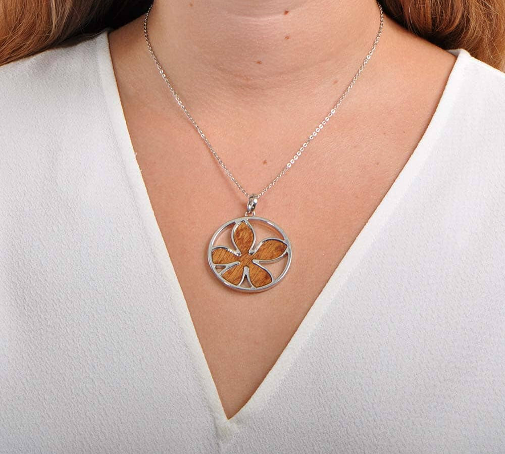 Koa Wood Plumeria Medallion Pendant Island by Koa Nani Silver 