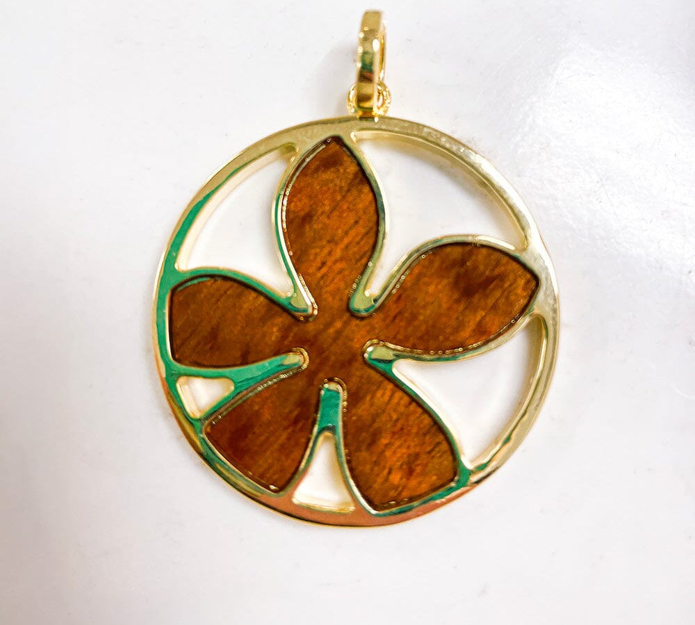 Koa Wood Plumeria Medallion Pendant Island by Koa Nani Gold 