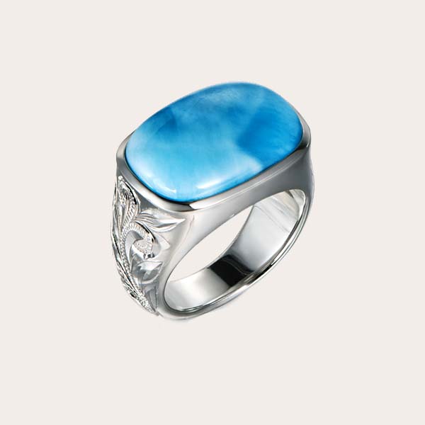 ocean blue larimar ring with hand engraved Hawaiian scroll around
