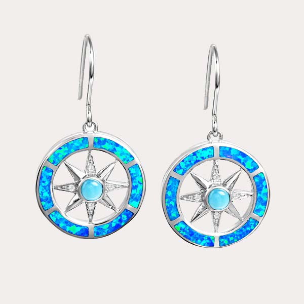 sustainable blue opal and larimar compass earrings
