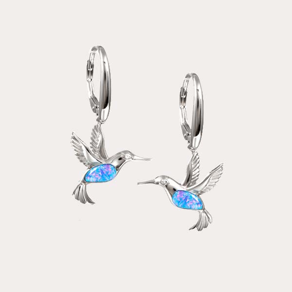 sustainable opal garden collection featuring a humming bird lever back earrings