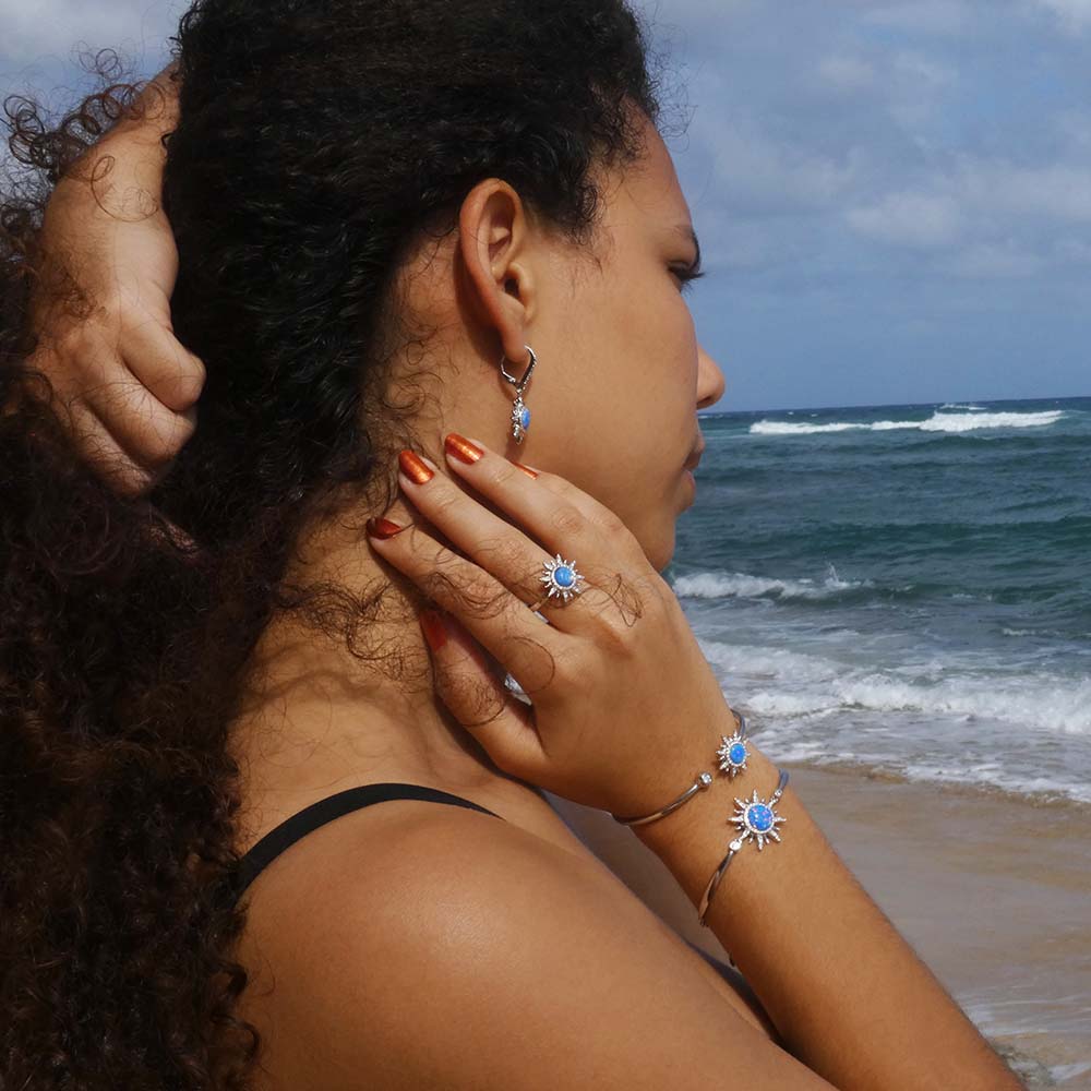 sustainable blue opal sun jewelry set with earrings, ring and two bangles
