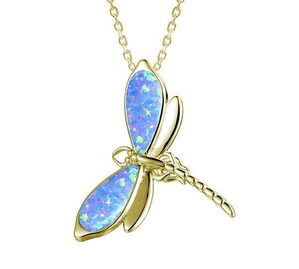 In this photo there is a yellow gold dragonfly pendant with blue opalite gemstones.