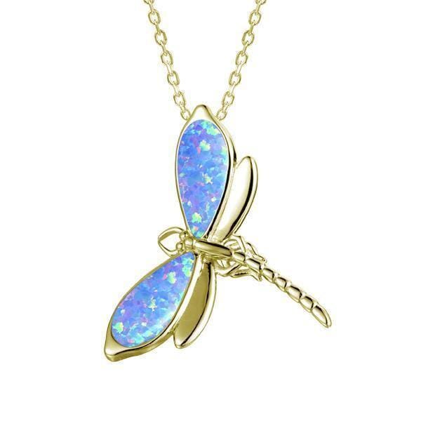 In this photo there is a yellow gold dragonfly pendant with blue opalite gemstones.