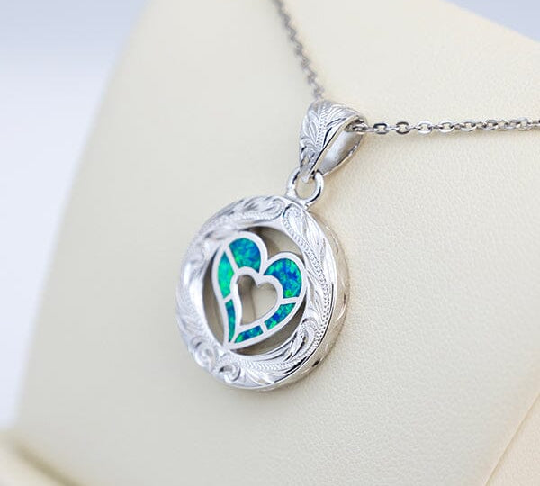 Paradise Opal Engraved Heart Medallion Pendant Island by Koa Nani 