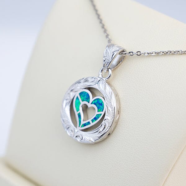 Paradise Opal Engraved Heart Medallion Pendant Island by Koa Nani 