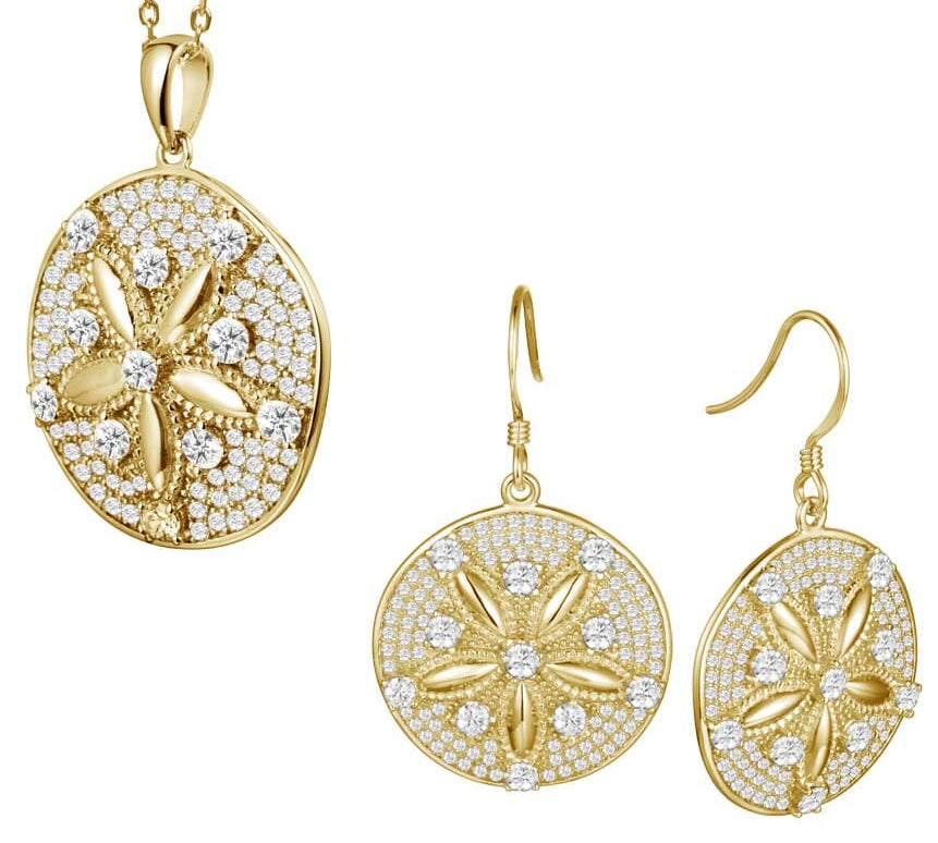 Pavé Ocean Sand Dollar Pendant & Earrings Set Other Island by Koa Nani Yellow Gold 