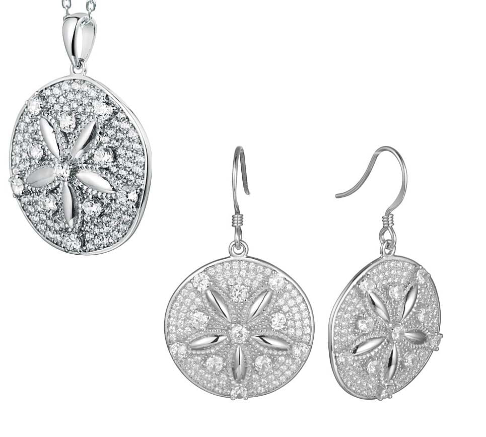 Pavé Ocean Sand Dollar Pendant & Earrings Set Other Island by Koa Nani White Gold 