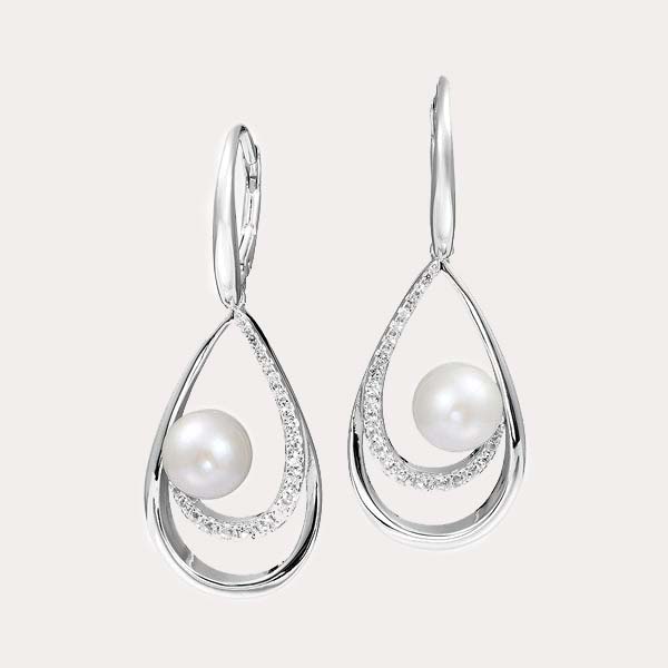 freshwater pearl collection featuring a white pearl set on a teardrop shaped earrings with diamonds