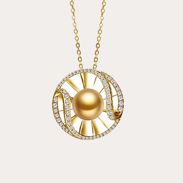 south sea pearl collection featuring golden south sea pearl sun and wave pendant with diamonds in set in 14k solid yellow gold
