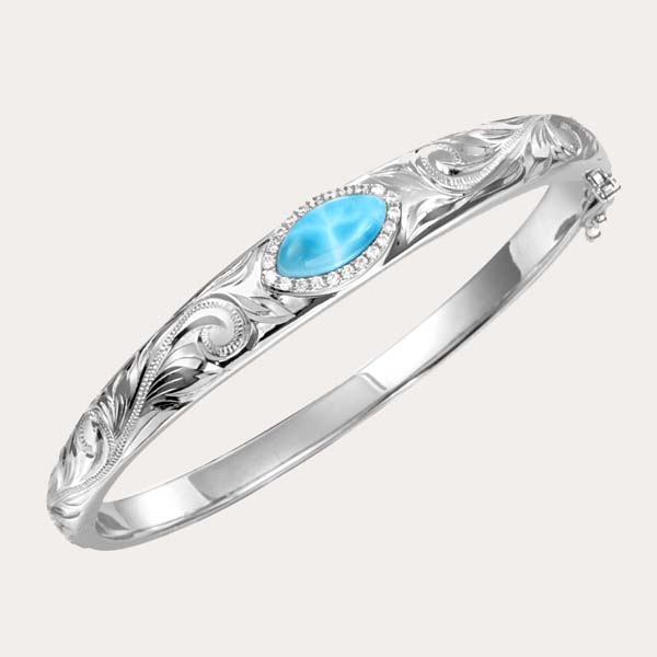 925 sterling silver cylinder hinged bangle featuring ocean blue larimar stone and white topaz with hand engraved Hawaiian scroll all around