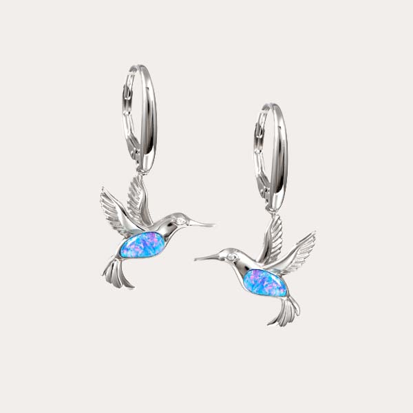 925 sterling silver hummingbird lever back earrings with iridescent blue opal