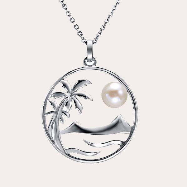 925 sterling silver diamond head pendant with white pearl and palm tree motif