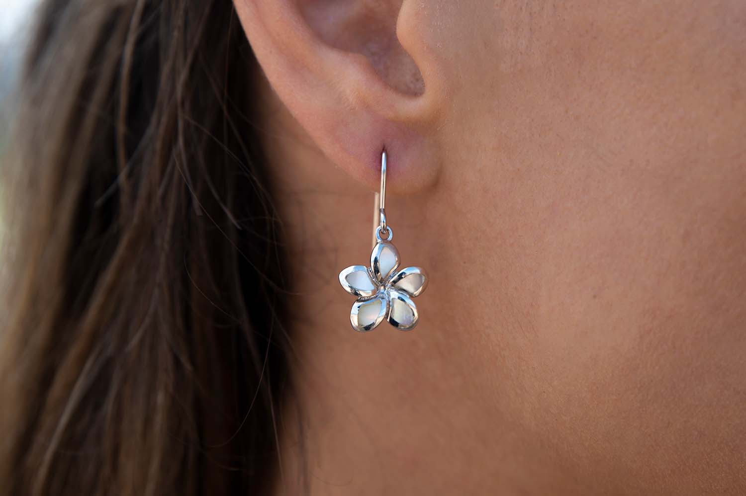 Mother of Pearl sunrise plumeria flower hook earrings