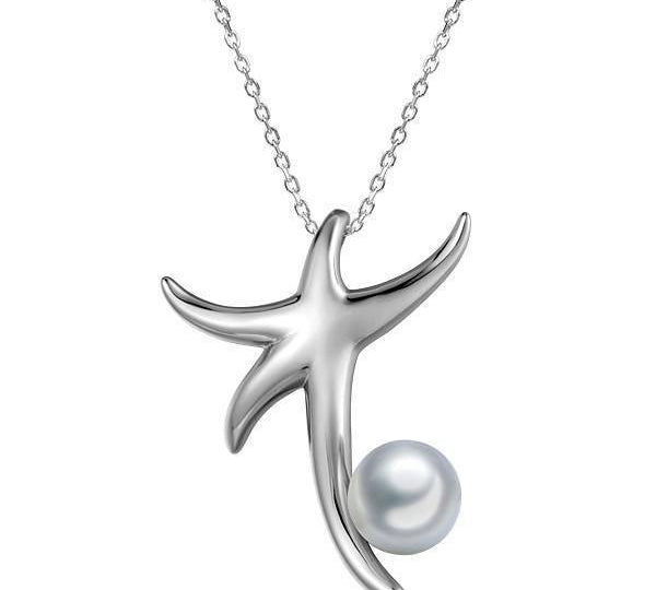 In this photo there is a white gold starfish pendant with one white pearl.