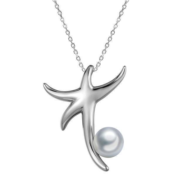 In this photo there is a white gold starfish pendant with one white pearl.
