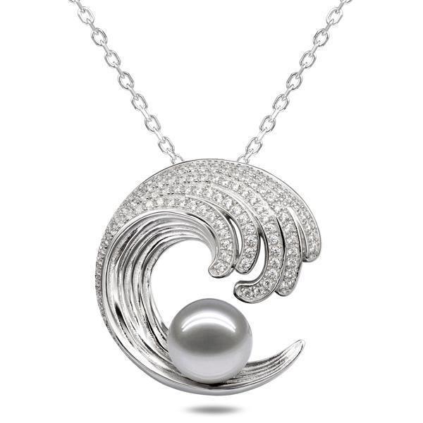 In this photo there is a white gold wave pendant with diamonds and one white pearl.