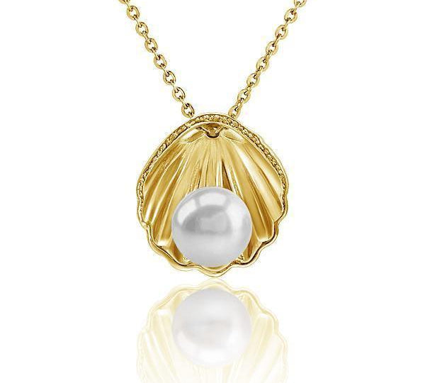 In this photo there is a yellow gold oyster shell pendant with one white akoya pearl.