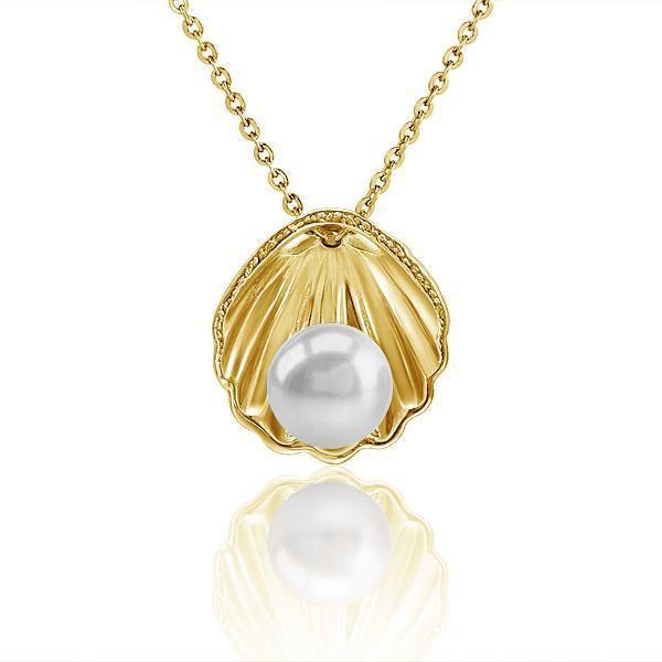 In this photo there is a yellow gold oyster shell pendant with one white akoya pearl.
